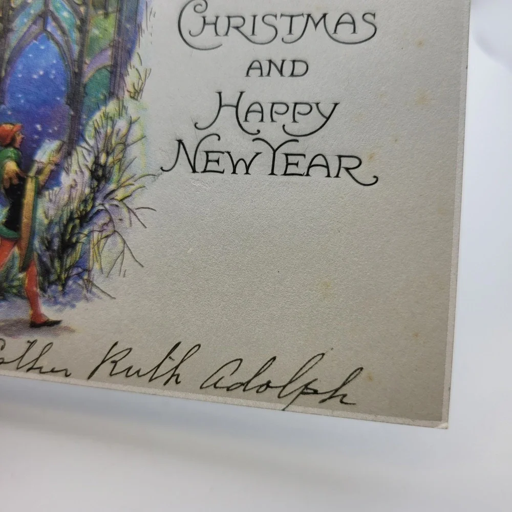 Vintage Merry Christmas Happy‎ New Year Stained Glass Greeting Card